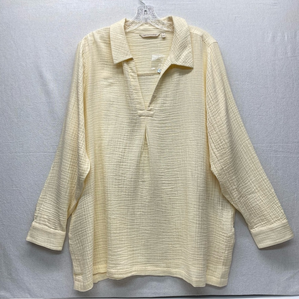 Soft Surroundings 1X Tunic Top Long Sleeve Key Biscayne Gauze Ivory Cream Flowy